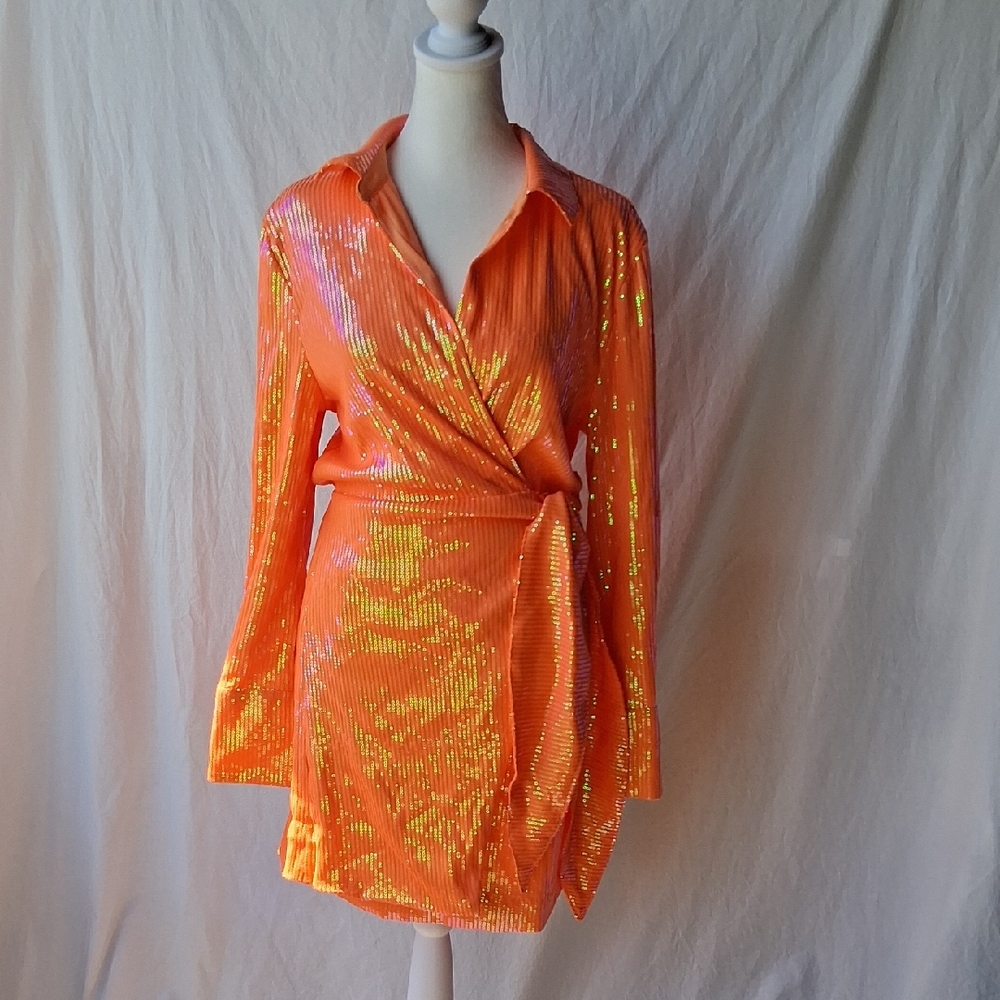 House of Harlow 1960 Orange Sequin Long Sleeve Dress Size S